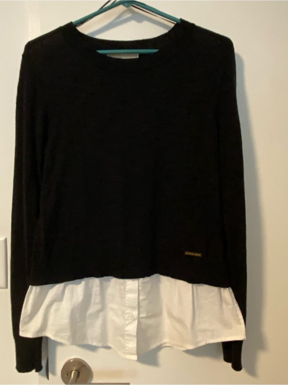 Michael Kors Charcoal Sweater with with Peekaboo Buttondown Hem Gold Logo Plate